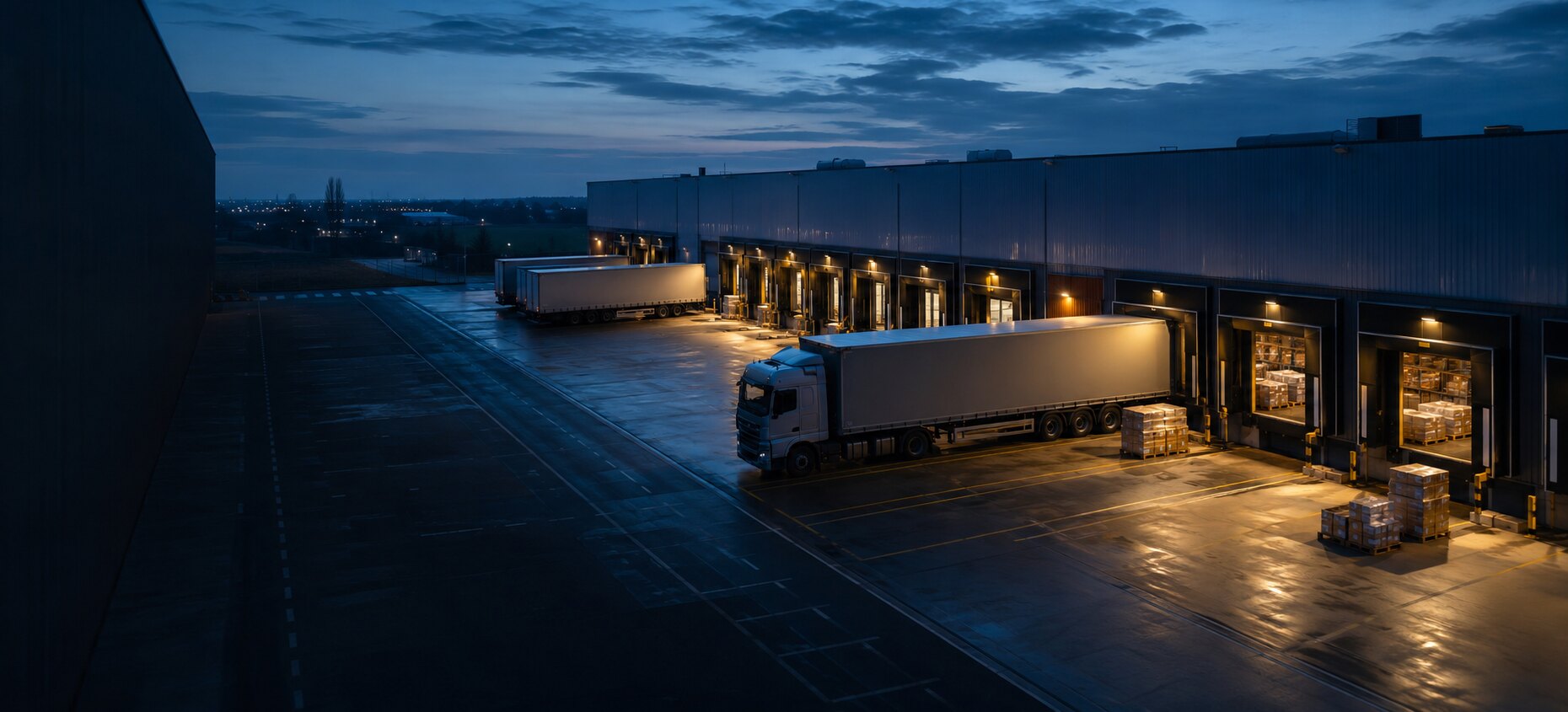 Plateforme logistique et quais de chargement au crépuscule
